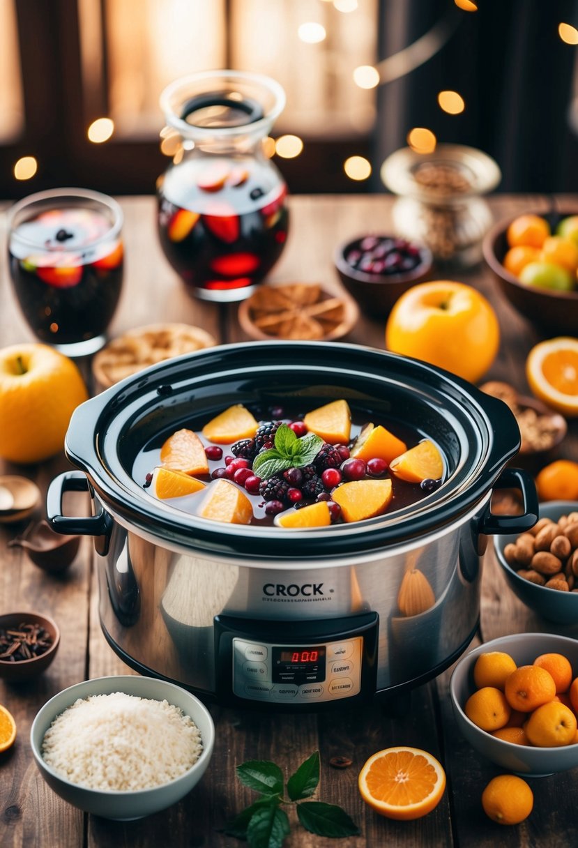 A crock pot surrounded by various ingredients and fruits for making warm drink recipes