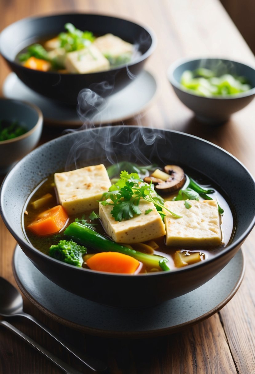 A bowl of steaming Korean-style soft tofu stew with vegetables and mushrooms on a wooden table