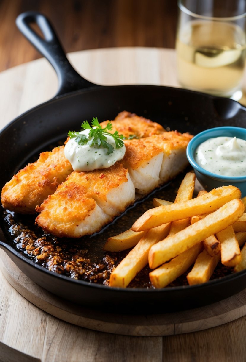 A sizzling skillet holds golden-brown Cajun spiced fried cod, with a side of crispy fries and a dollop of zesty tartar sauce