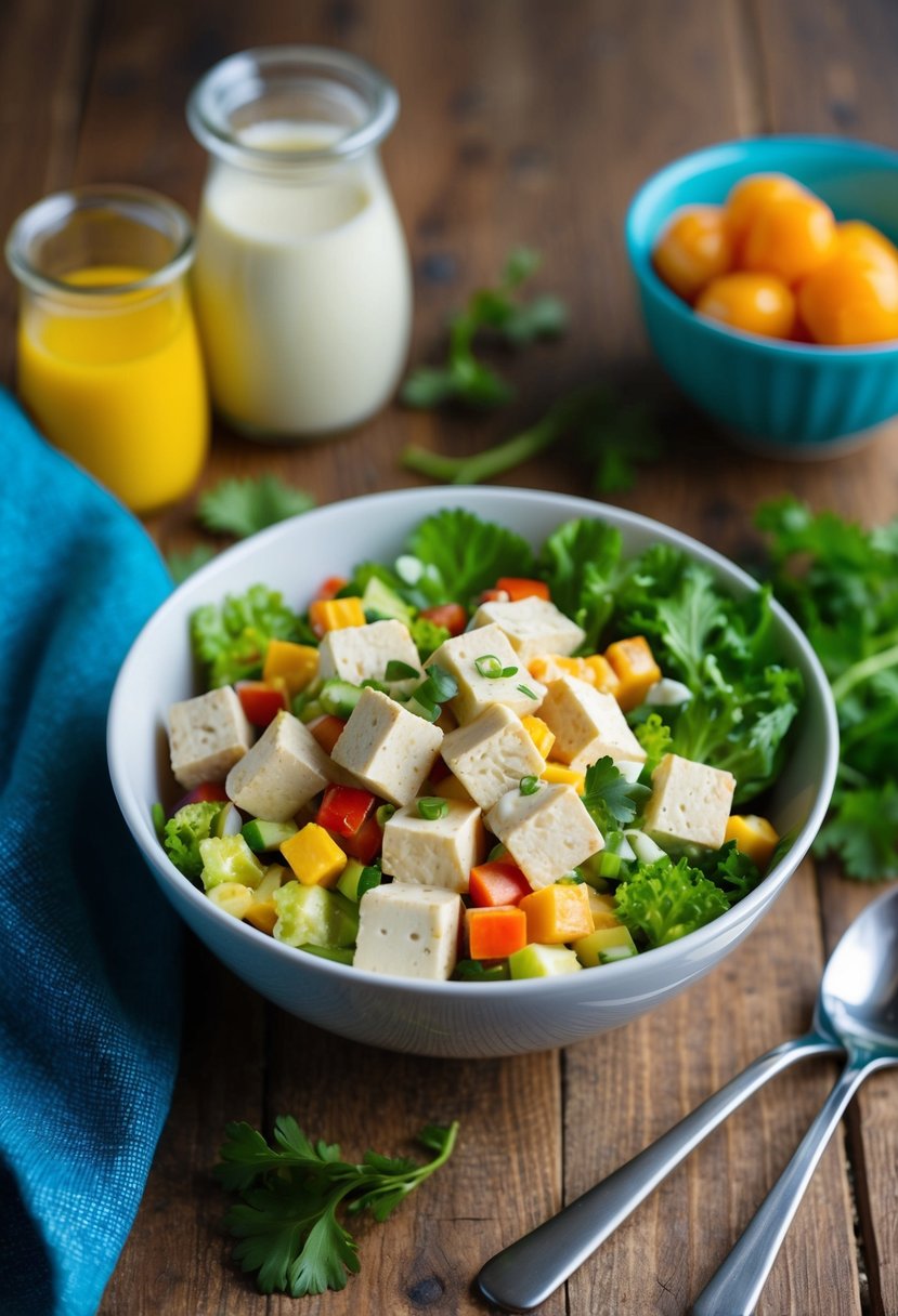 A bowl of vegan tofu egg salad with diced tofu, colorful vegetables, and creamy dressing