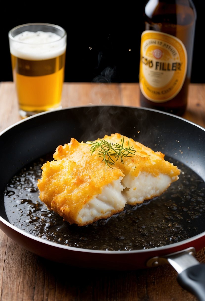 A golden beer-battered cod fillet sizzling in a frying pan