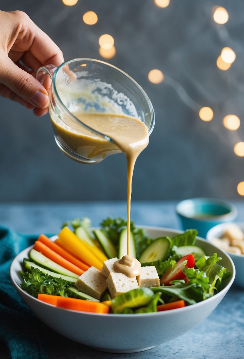 A bowl of silken tofu dressing being drizzled over a colorful salad of fresh vegetables