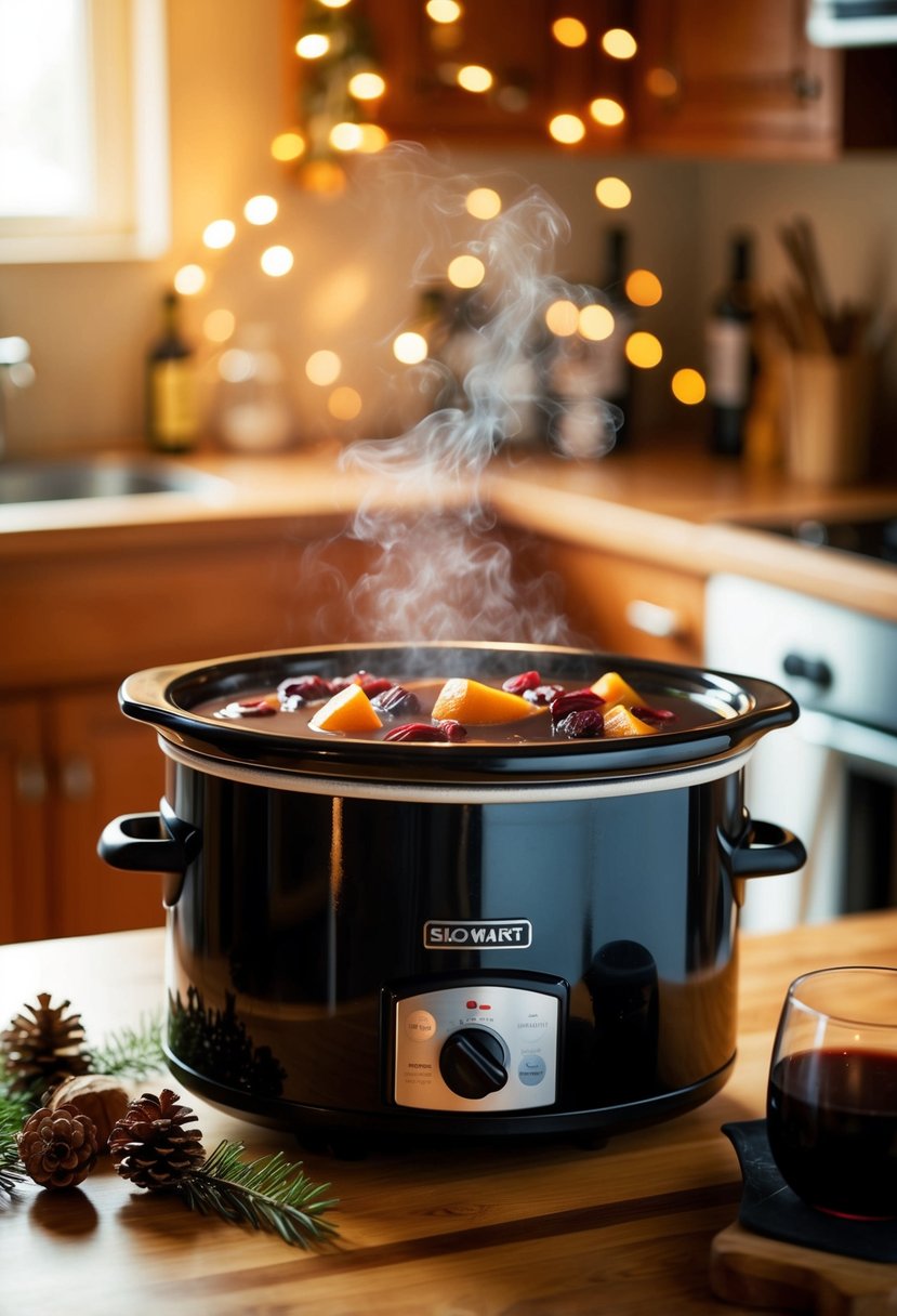 A warm, aromatic slow cooker filled with mulled wine ingredients simmering on a kitchen counter