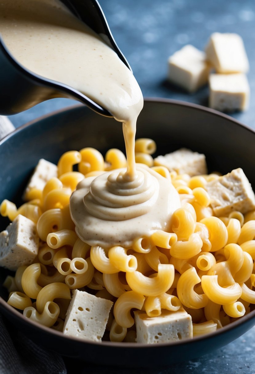 A creamy, velvety sauce being poured over a steaming bowl of macaroni, with chunks of silken tofu scattered around