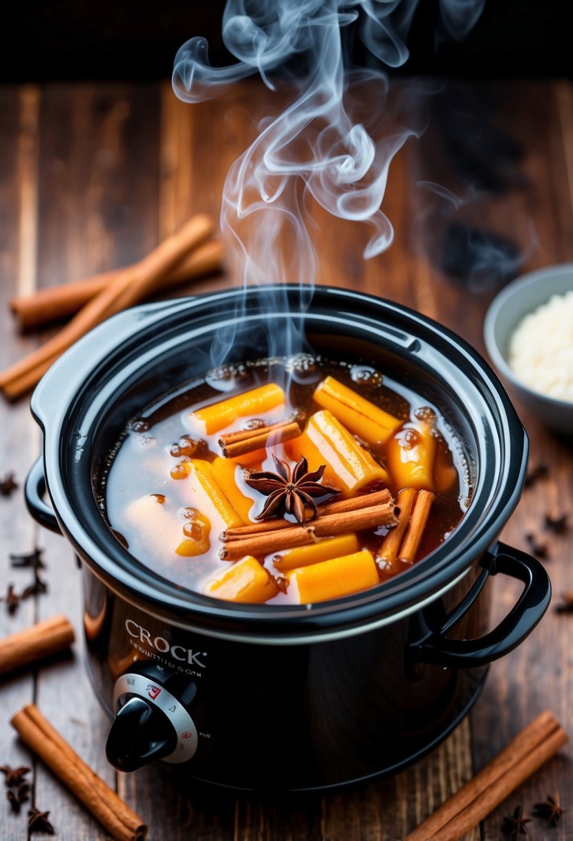 A bubbling crock pot filled with steaming hot buttered rum, surrounded by cinnamon sticks and cloves, emitting a warm, cozy aroma