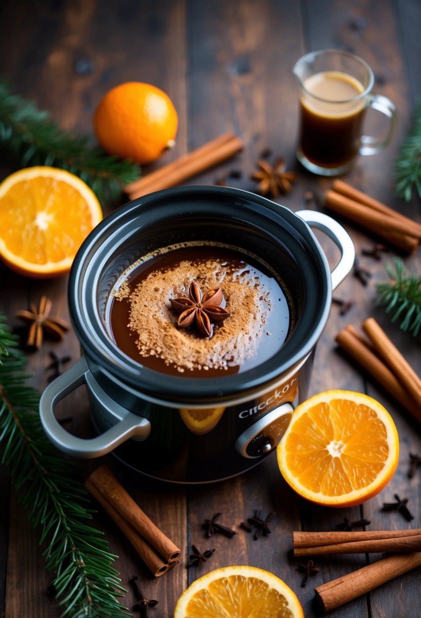 A crockpot simmering with spiced Christmas coffee mix, surrounded by cinnamon sticks, cloves, and orange slices