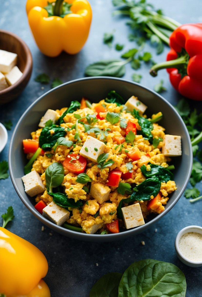 A bowl of silken tofu scramble with colorful vegetables and herbs, surrounded by ingredients like tofu, bell peppers, and spinach