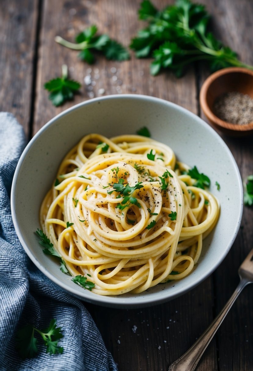 A bowl of creamy silken tofu pasta with fresh herbs and cracked black pepper on a rustic wooden table