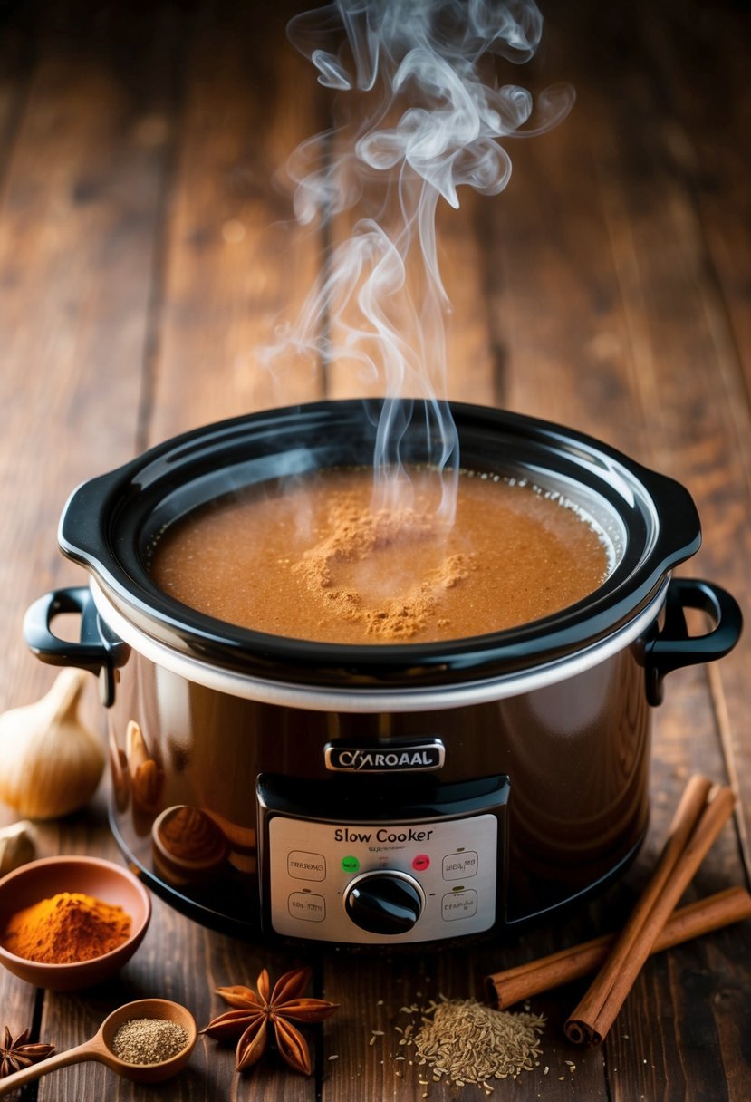 A warm, aromatic slow cooker filled with steaming chai drink, surrounded by whole spices and ingredients