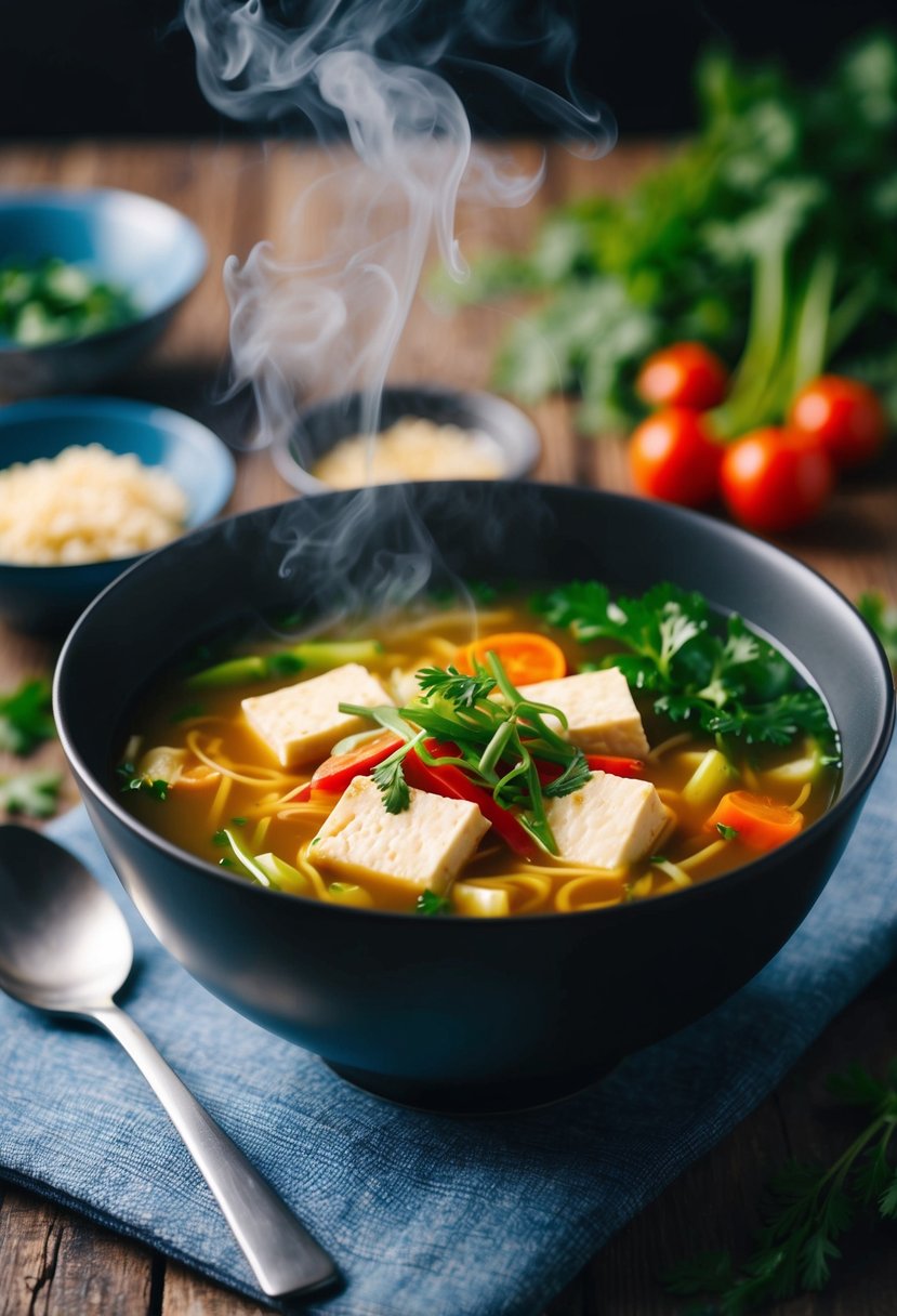 A steaming bowl of silken tofu soup with vibrant vegetables and fragrant herbs