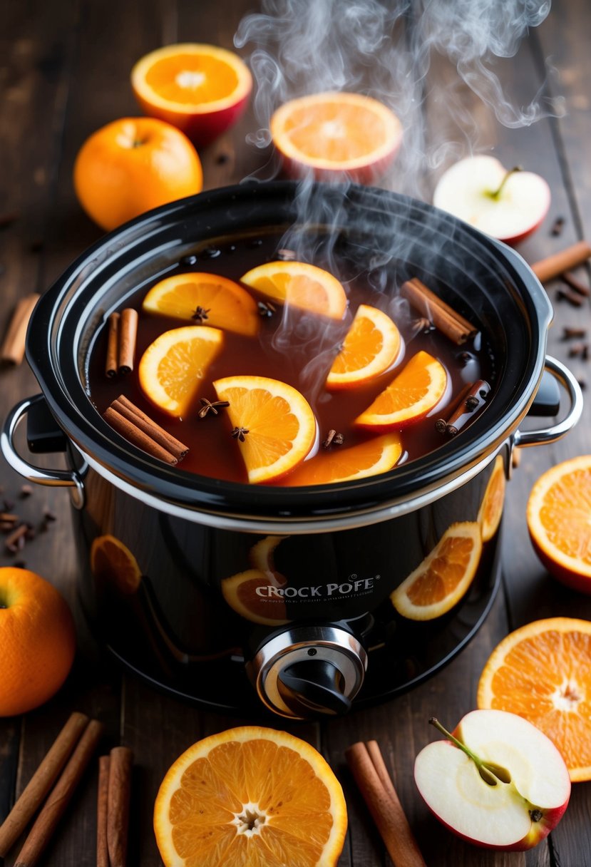 A steaming crock pot filled with warm wassail punch, surrounded by cinnamon sticks, cloves, and slices of oranges and apples