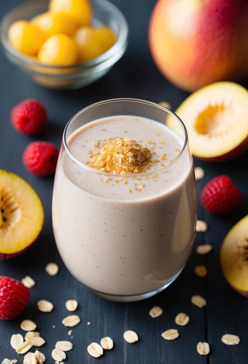 A glass filled with a creamy silken tofu breakfast smoothie, surrounded by fresh fruits and a sprinkle of oats