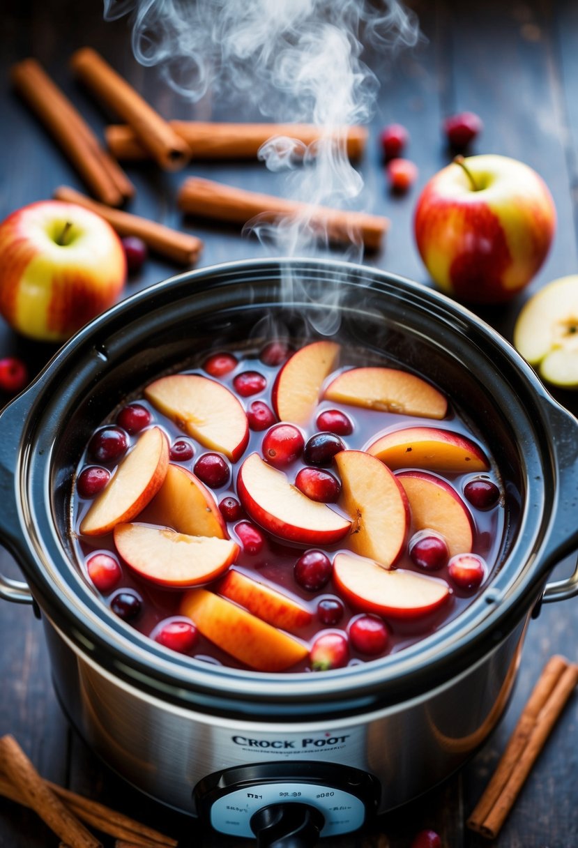 A steaming crock pot filled with cranberry apple cider, surrounded by cinnamon sticks and sliced fruit