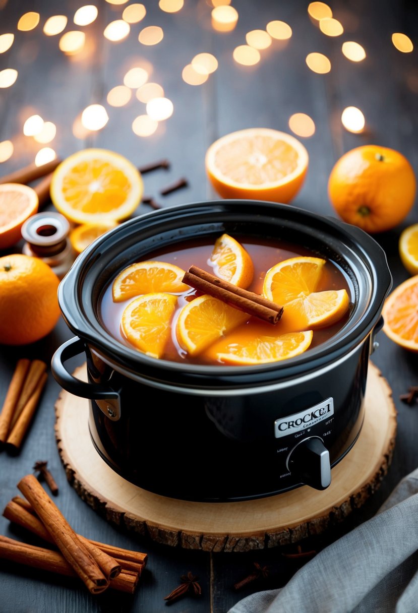 A crock pot filled with warm Buttery Comfort Punch, surrounded by cinnamon sticks, cloves, and slices of citrus fruit