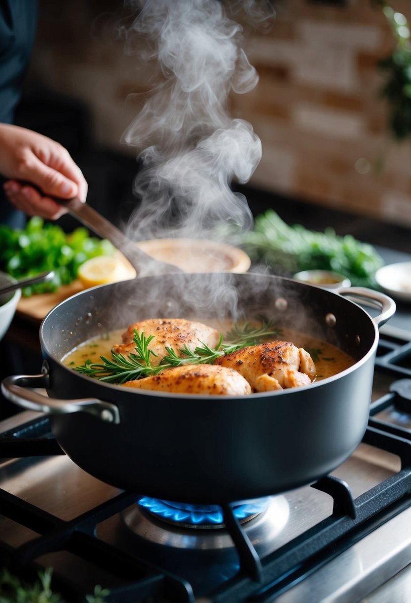 A pot sizzling on a stovetop, steam rising as a chef sautés chicken, surrounded by fresh herbs and spices