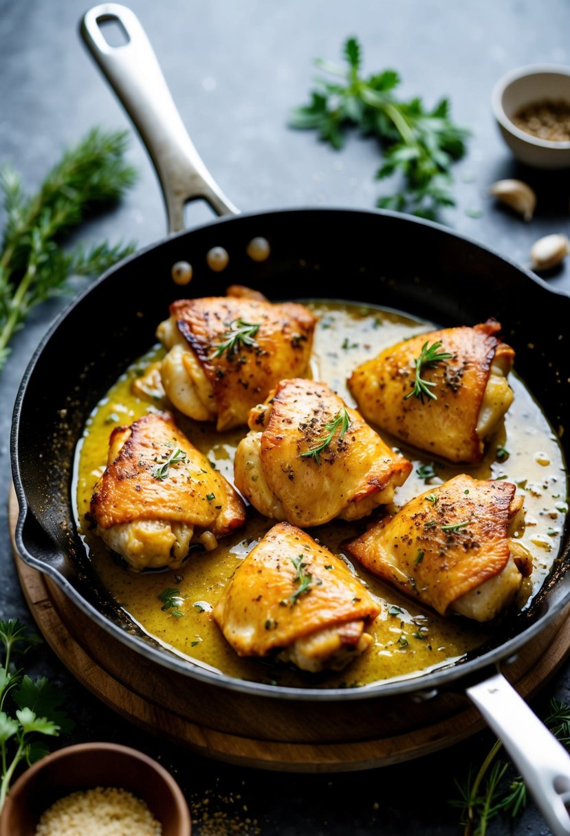 A sizzling skillet with golden-brown chicken pieces bathed in a rich garlic butter sauce, surrounded by aromatic herbs and spices