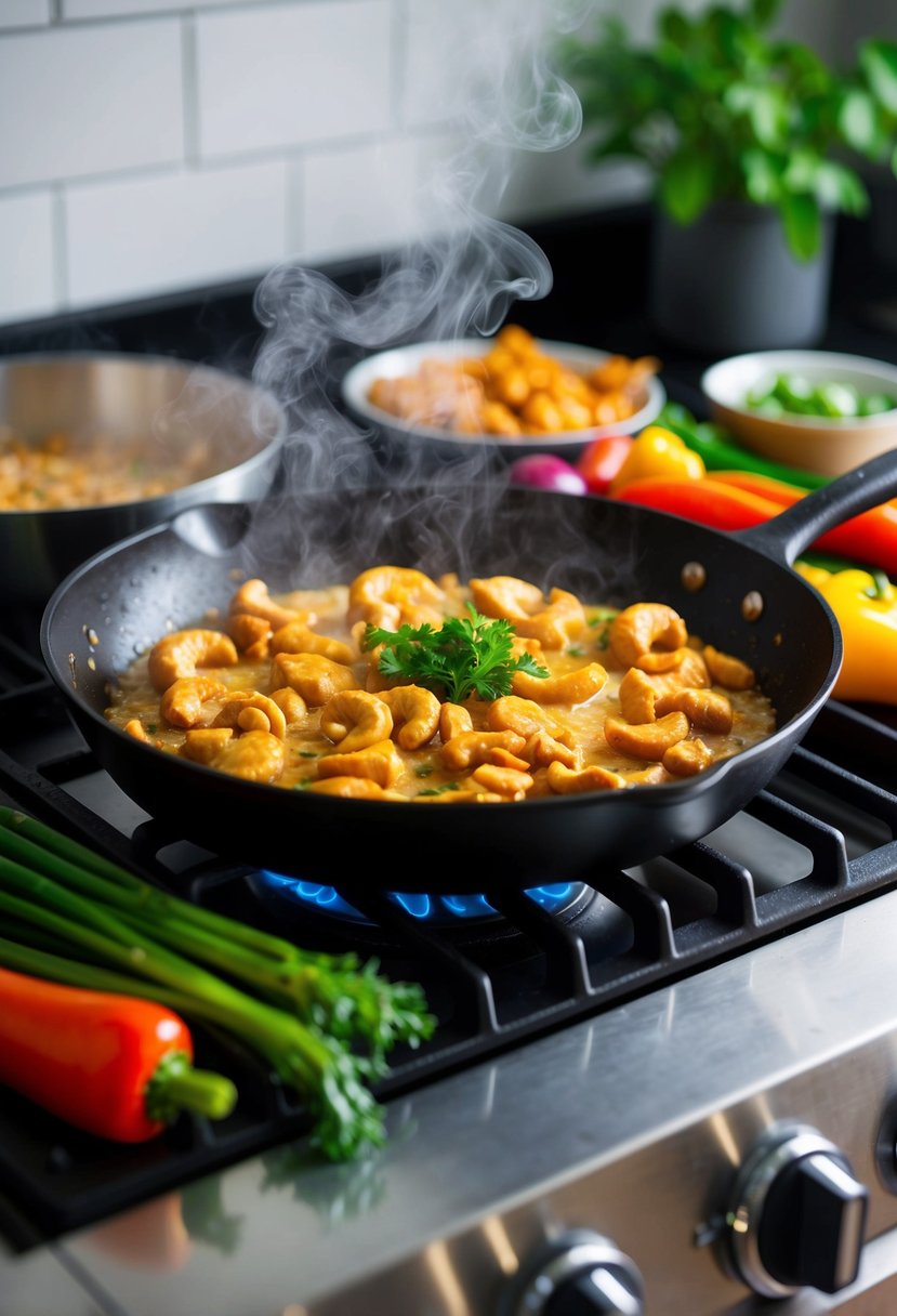 A sizzling skillet with cashew chicken, surrounded by colorful vegetables and steam rising from the stovetop