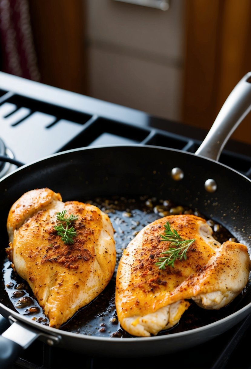 Two sizzling chicken breasts seasoned with paprika cooking in a skillet on the stovetop