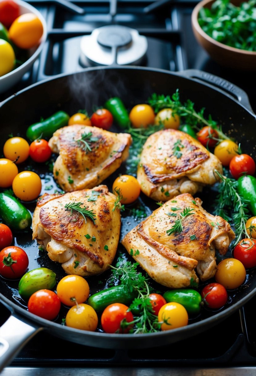 A skillet with sizzling chicken, surrounded by colorful Mediterranean vegetables and herbs, cooking on a stovetop