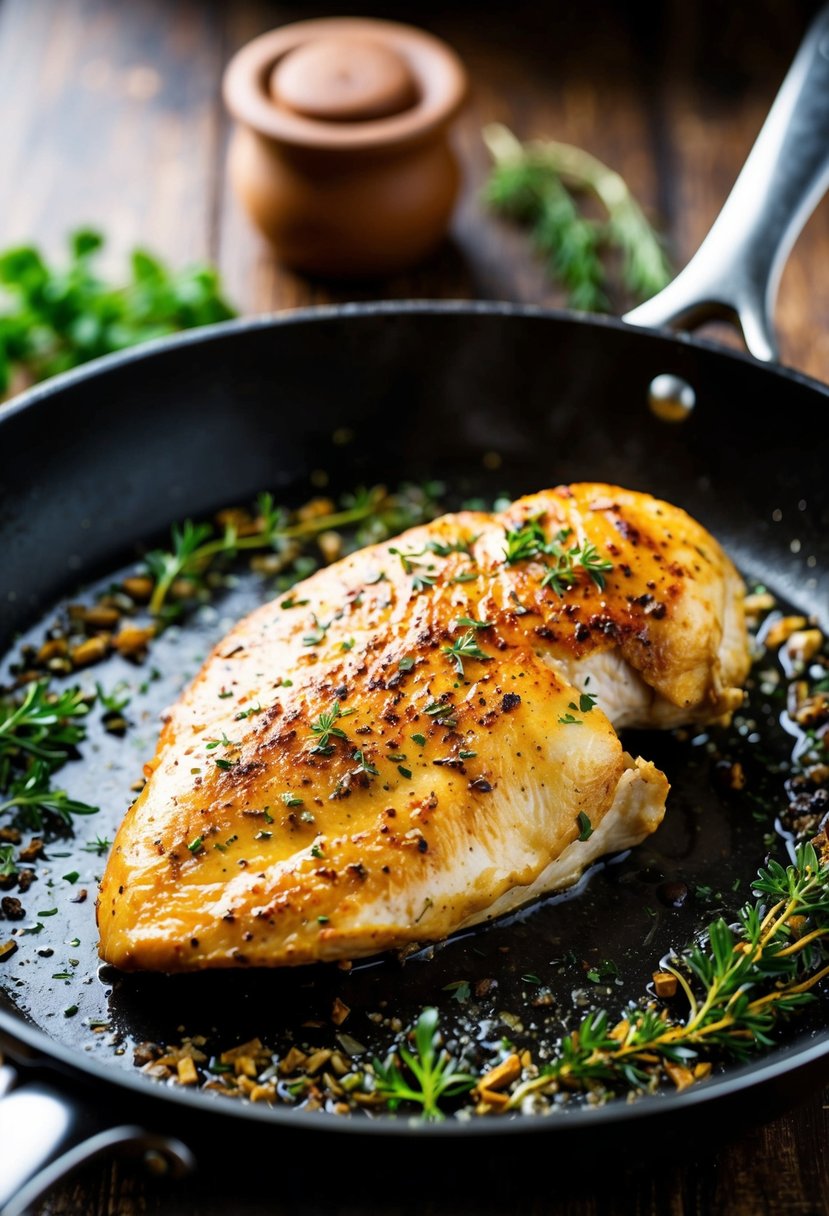 A sizzling chicken breast searing in a hot skillet, surrounded by aromatic herbs and spices