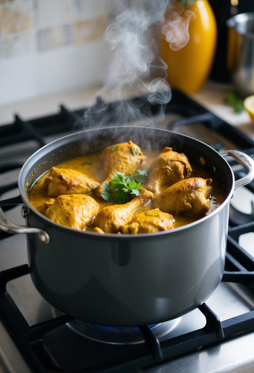 A simmering pot of curried chicken on a stovetop, with steam rising and a fragrant aroma filling the air