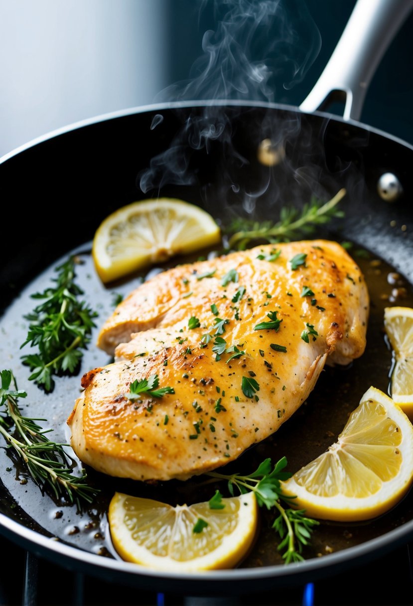 A sizzling chicken breast cooks in a pan with lemon slices and fresh herbs, emitting a mouthwatering aroma