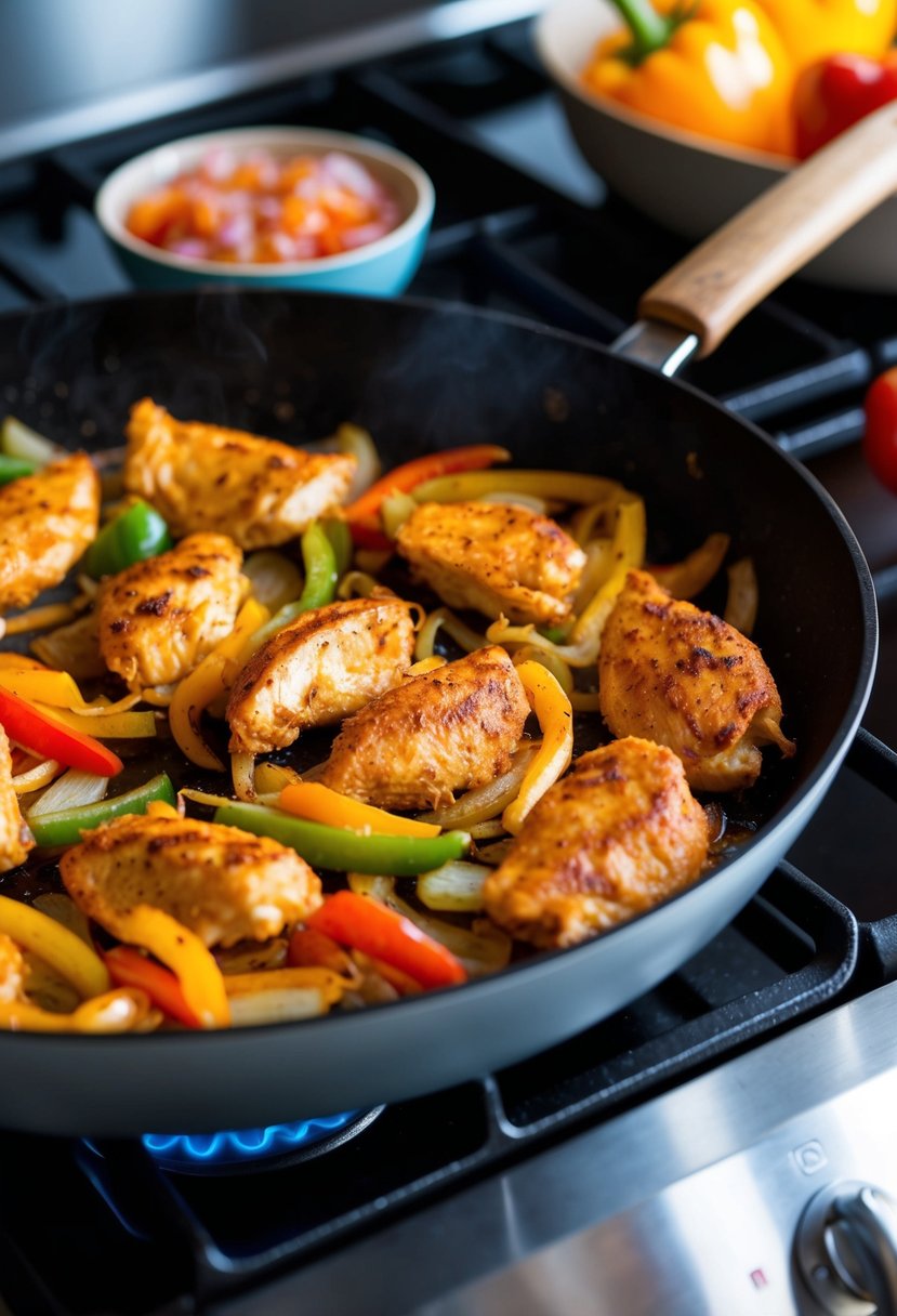 A sizzling skillet of chicken fajitas cooking on a stovetop, surrounded by colorful peppers and onions