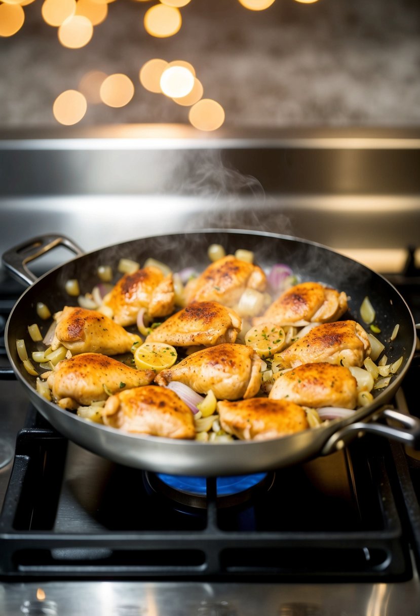 A sizzling pan of chicken with onions and garlic cooking on a stovetop