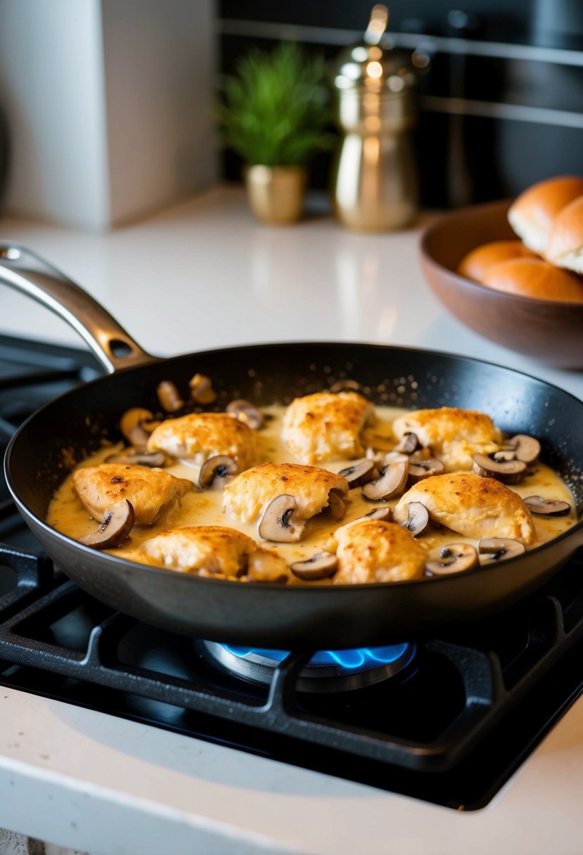 A sizzling skillet with creamy mushroom chicken cooking on a stovetop