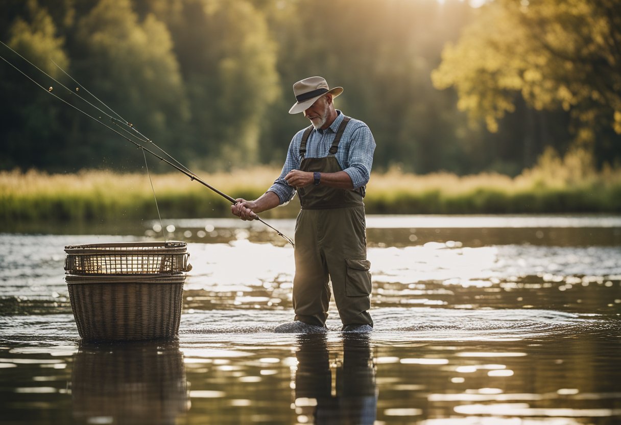 A fly fisherman stands in shallow water, casting a line into the rippling river from a stripping basket to keep the line tangle-free