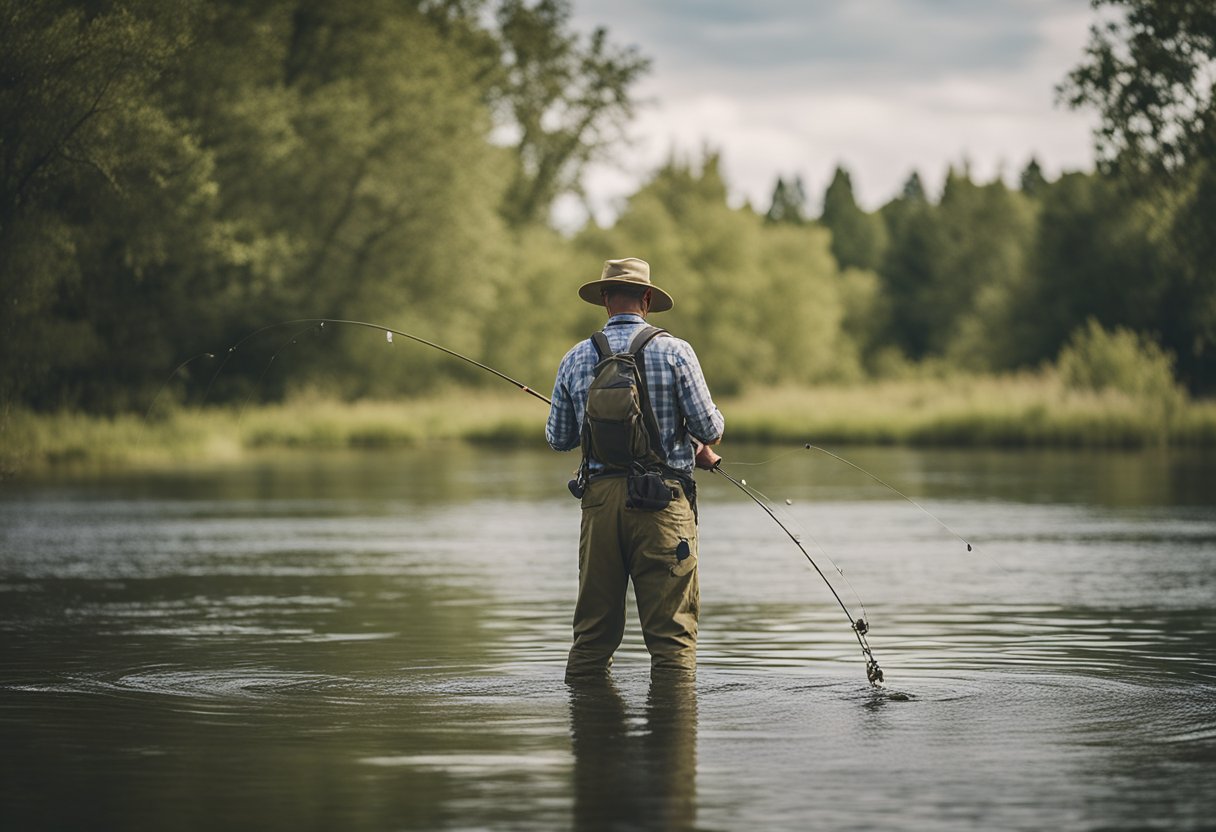 A fly fisherman stands in shallow water, casting his line into the river, with a stripping basket attached to his waist to manage the line