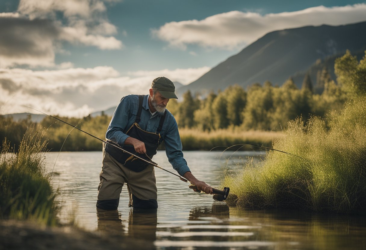 A fly fisherman stands on the shore, carefully selecting a stripping basket to hold his line as he casts into the water