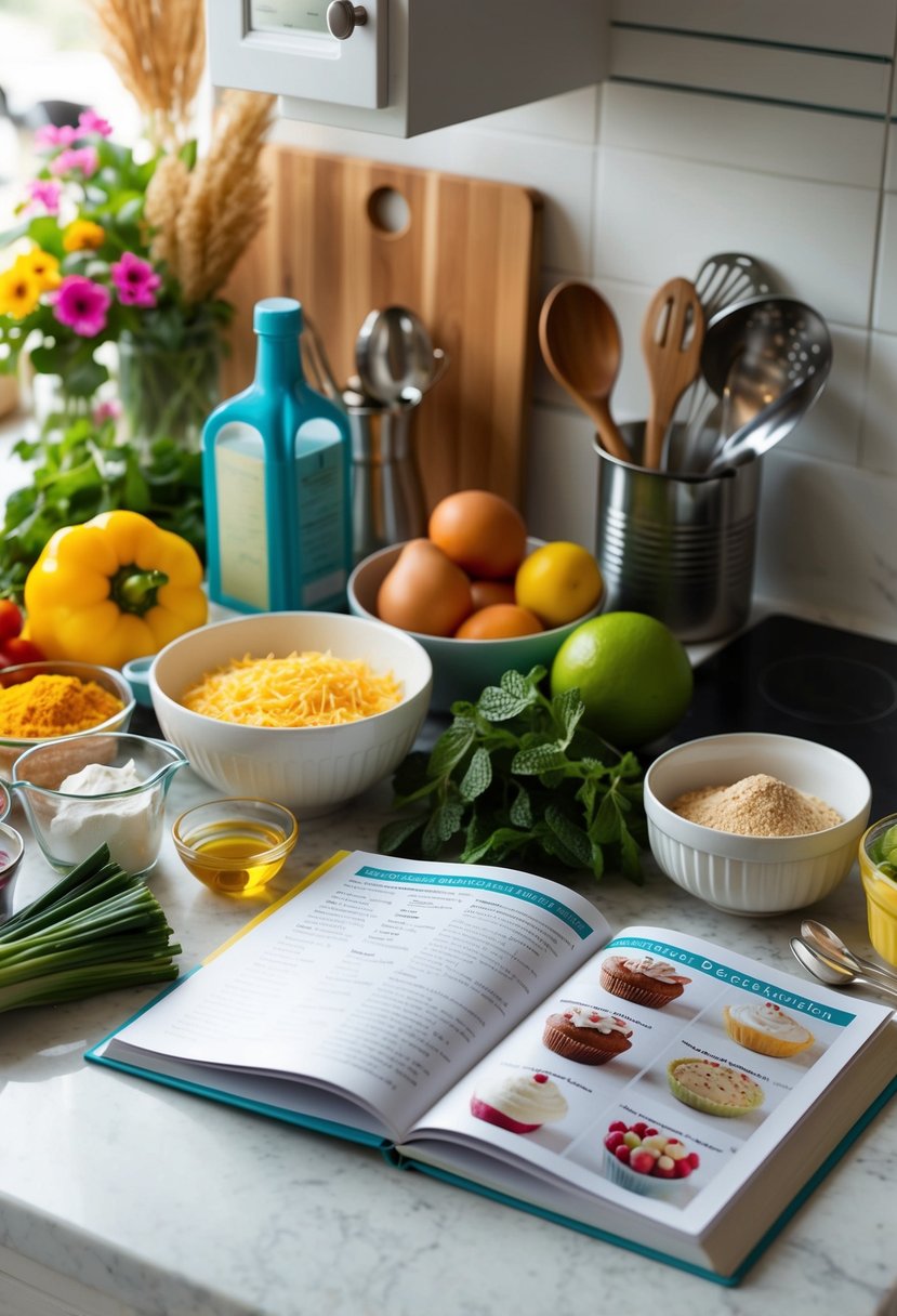 A colorful array of ingredients and utensils on a kitchen counter, with a recipe book open to a page featuring simple no-bake desserts