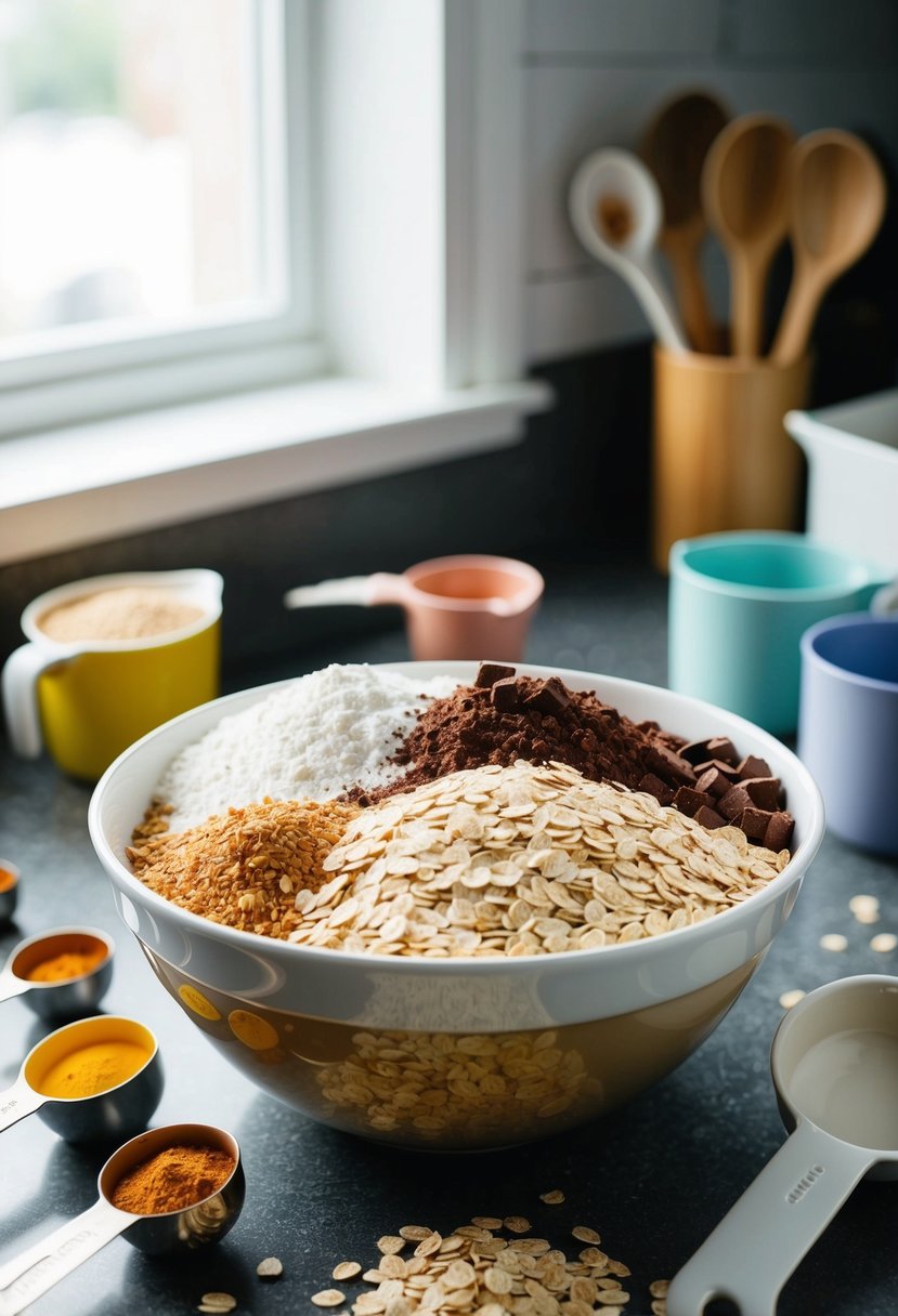 A mixing bowl filled with oats, cocoa, and other ingredients, surrounded by measuring cups and spoons on a kitchen counter