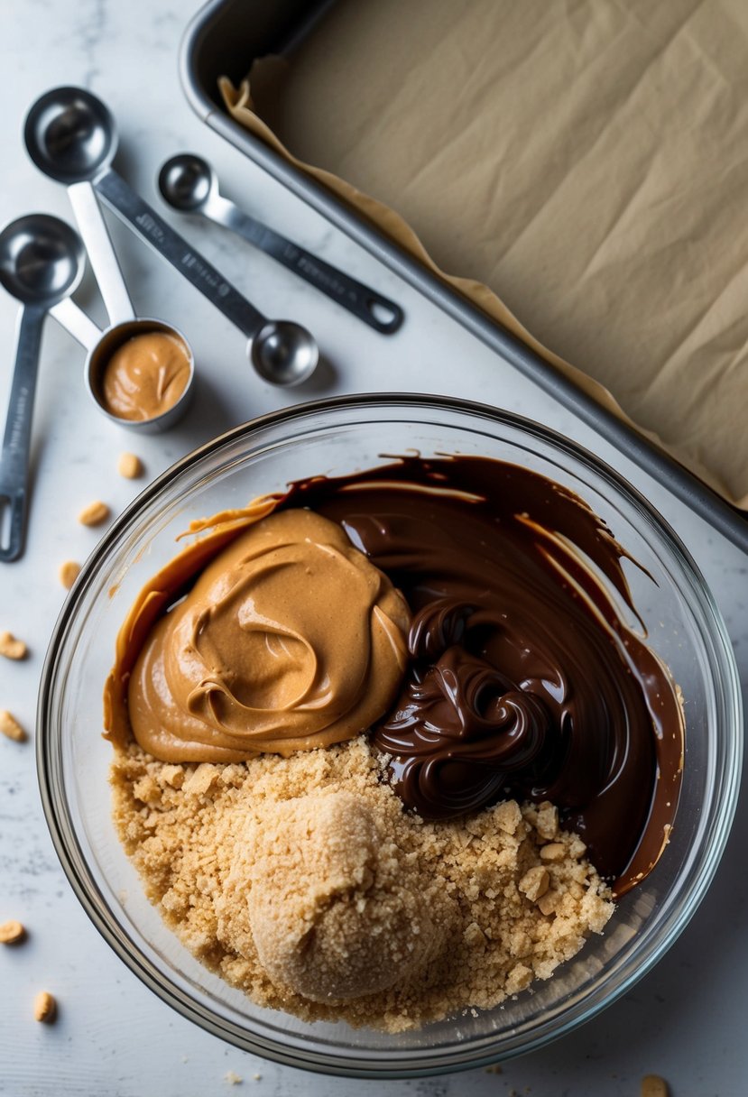 A mixing bowl filled with graham cracker crumbs, peanut butter, and melted chocolate, surrounded by a variety of measuring spoons and a baking pan lined with parchment paper