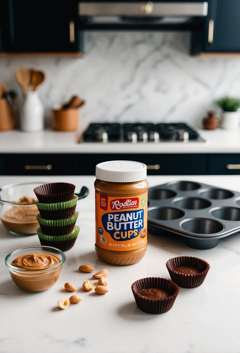 A kitchen counter with ingredients for homemade peanut butter cups, including peanut butter, chocolate, and muffin tins