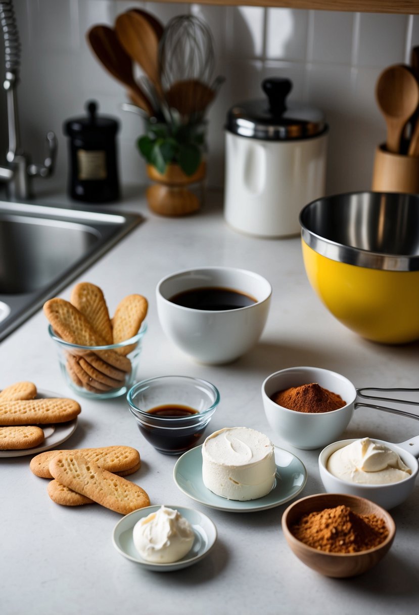 A kitchen counter with ingredients and utensils for making tiramisu, including ladyfinger cookies, coffee, mascarpone cheese, cocoa powder, and a mixing bowl