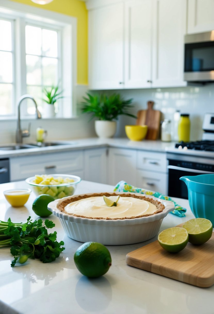 A bright kitchen with ingredients laid out, a mixing bowl, and a pie dish ready for a no-bake Key Lime Pie recipe