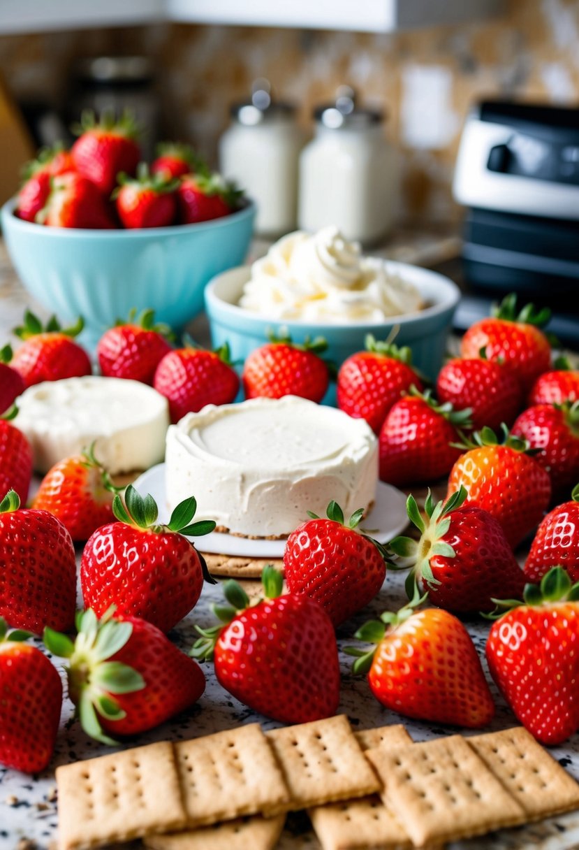 A colorful array of fresh strawberries, cream cheese, and graham crackers arranged on a kitchen counter, ready to be transformed into a delicious no-bake strawberry cheesecake