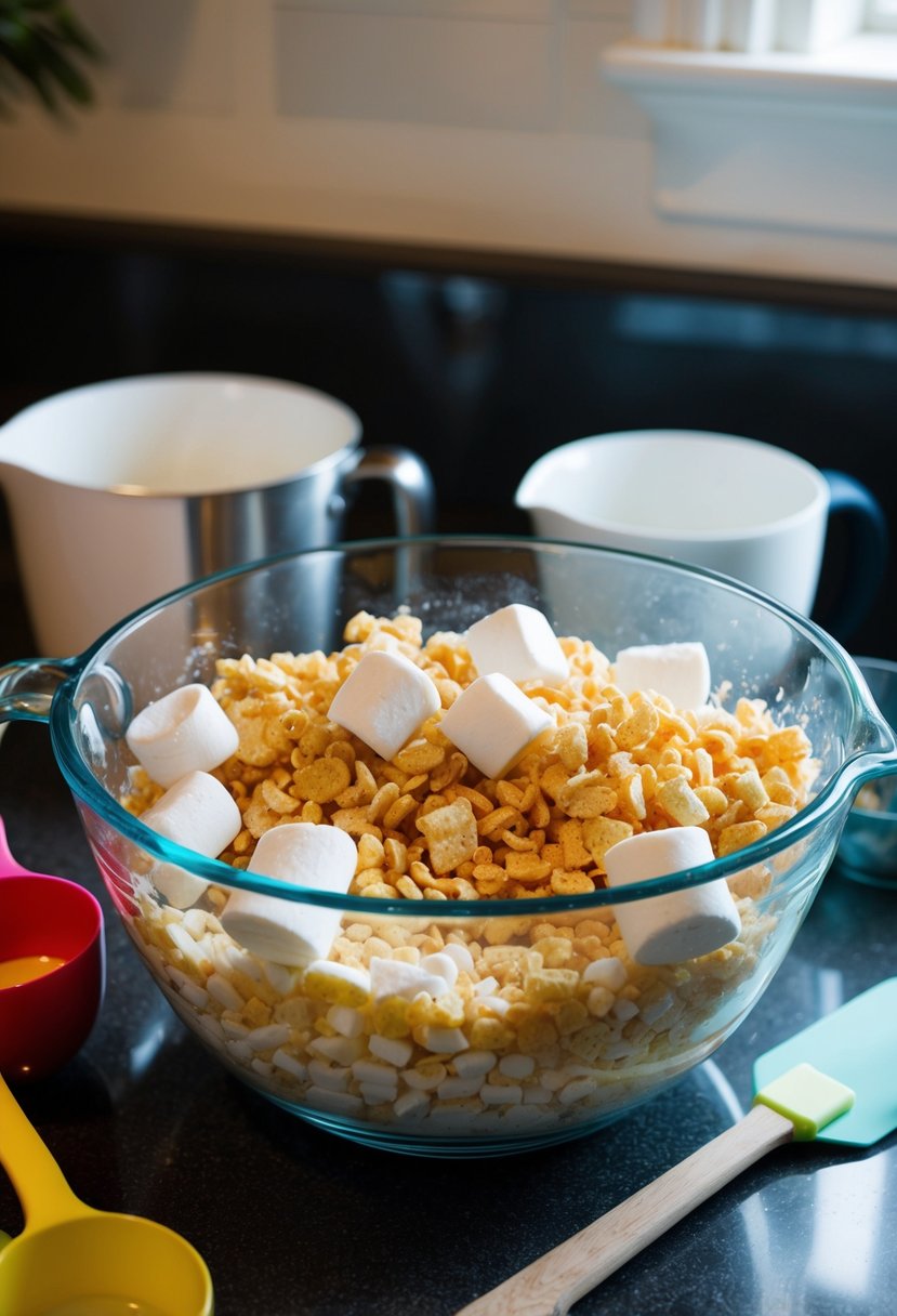 A mixing bowl filled with melted marshmallows and rice krispies, surrounded by measuring cups and a spatula on a kitchen counter