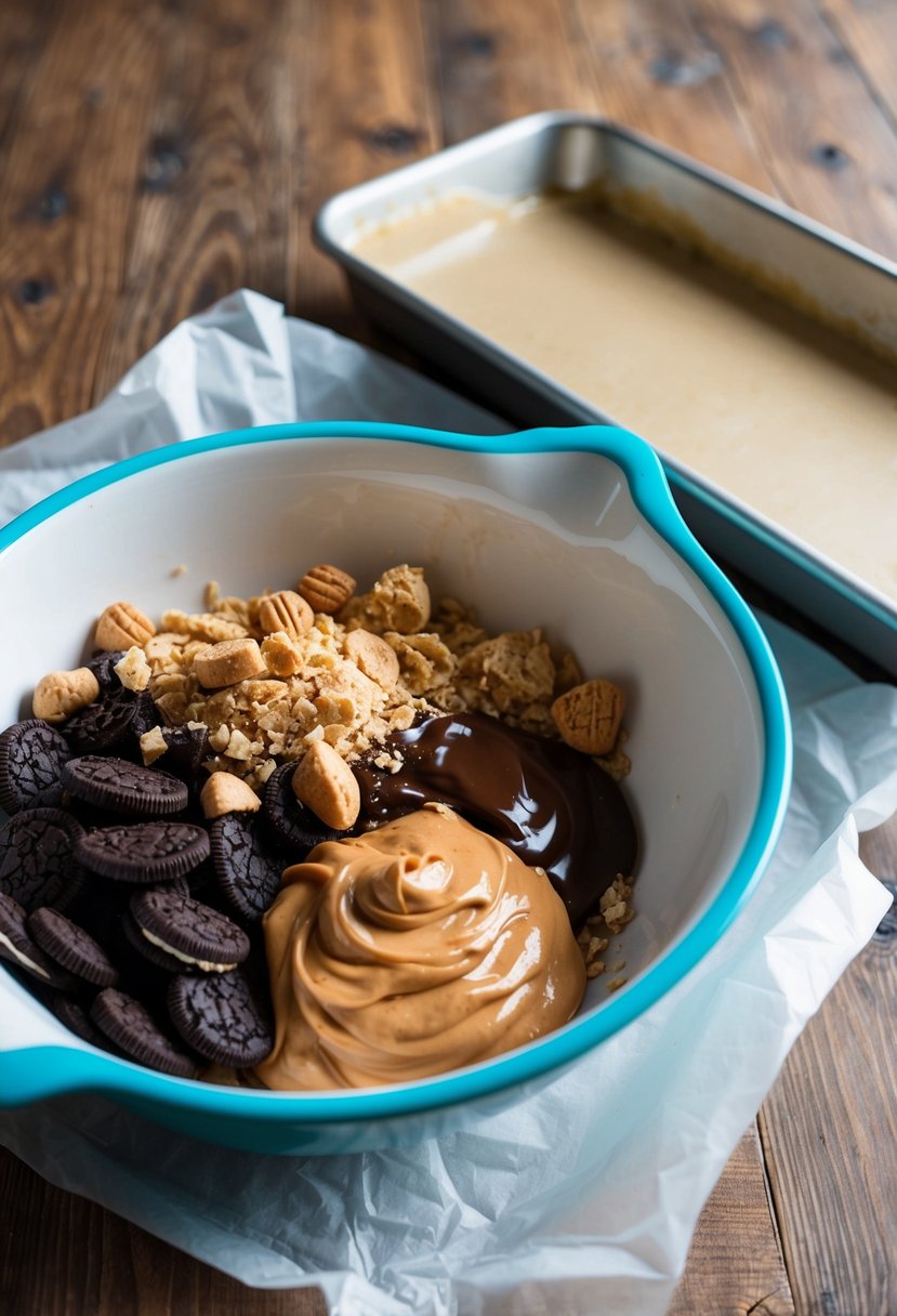 A mixing bowl filled with crushed cookies, melted chocolate, and peanut butter, sitting next to a pan lined with parchment paper