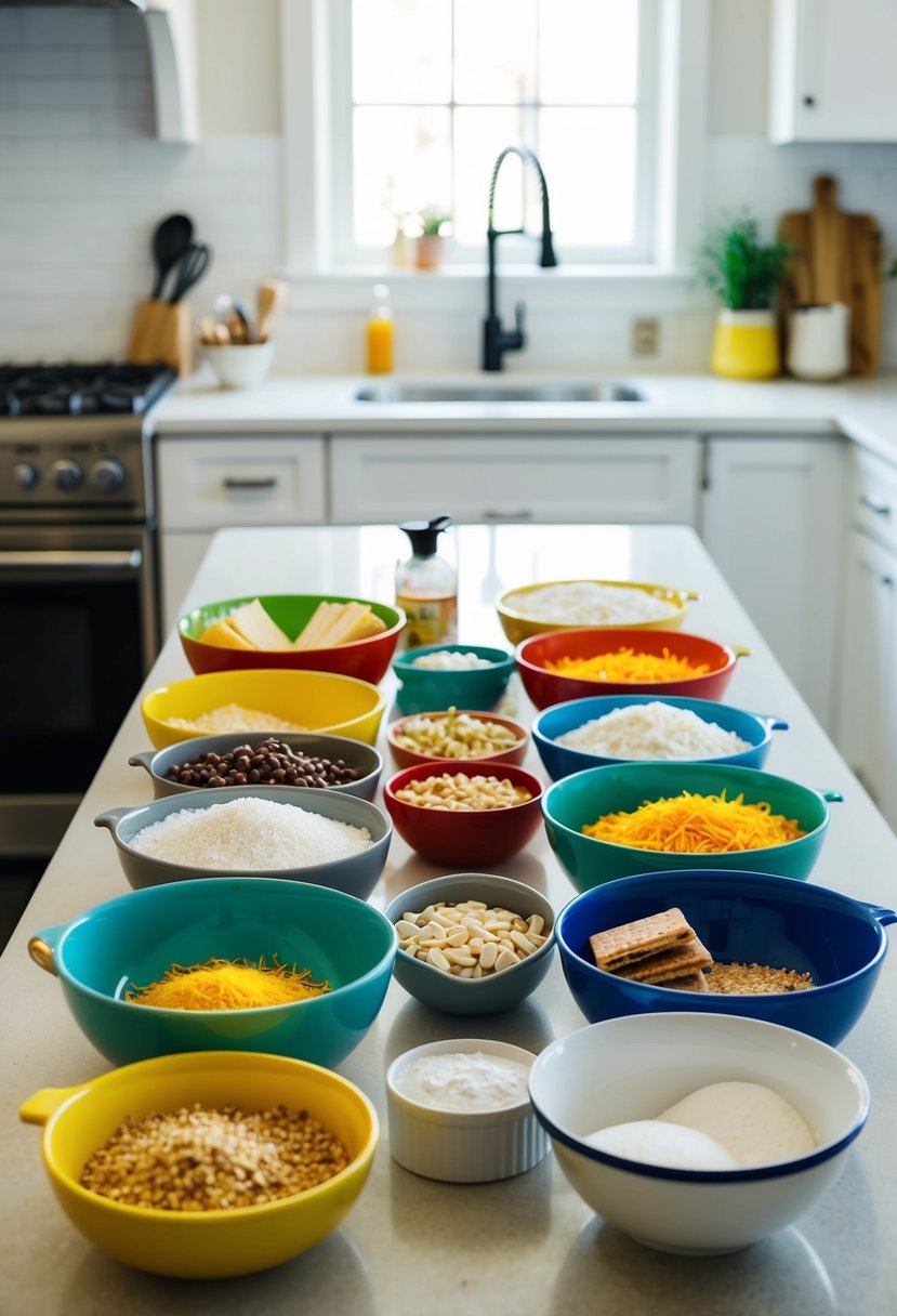 A colorful array of ingredients and utensils laid out on a clean kitchen counter, ready to be used for making S'more Pops