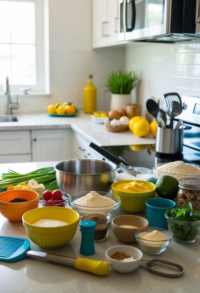 A colorful array of ingredients and utensils arranged on a clean kitchen counter, ready to be used for making a no-bake cheesecake