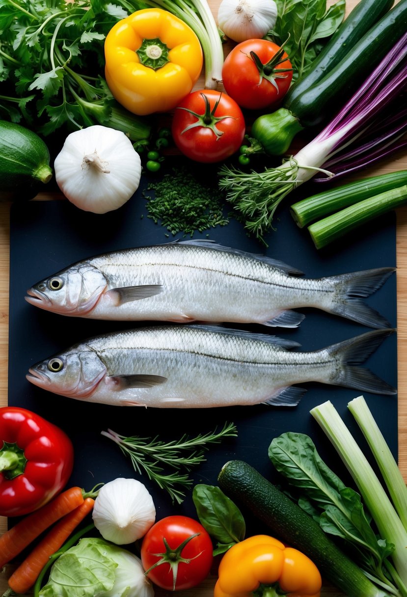 A colorful array of fresh vegetables and herbs surround a fillet of swai fish on a cutting board, ready to be prepared for a healthy recipe