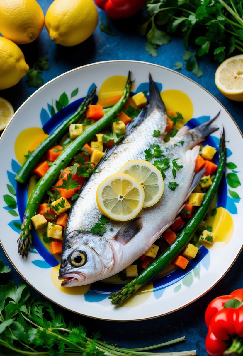 A colorful plate with lemon butter swai fish, surrounded by vibrant vegetables and herbs