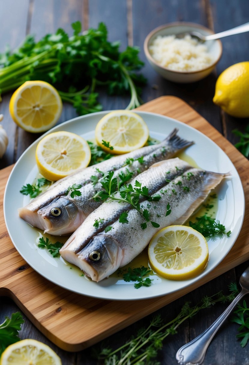 A plate of Garlic Herb Swai Fillets surrounded by fresh herbs and lemon slices on a wooden cutting board