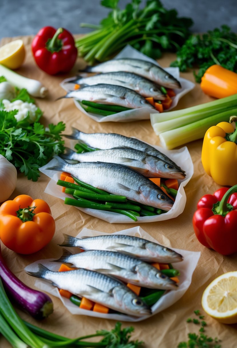 A colorful array of fresh vegetables and swai fish fillets arranged on a parchment paper, ready to be wrapped into individual packets for baking