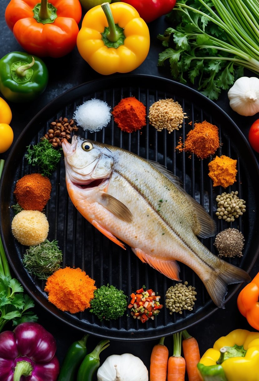 A colorful array of fresh vegetables and spices surround a sizzling Cajun-spiced swai fish fillet on a grill