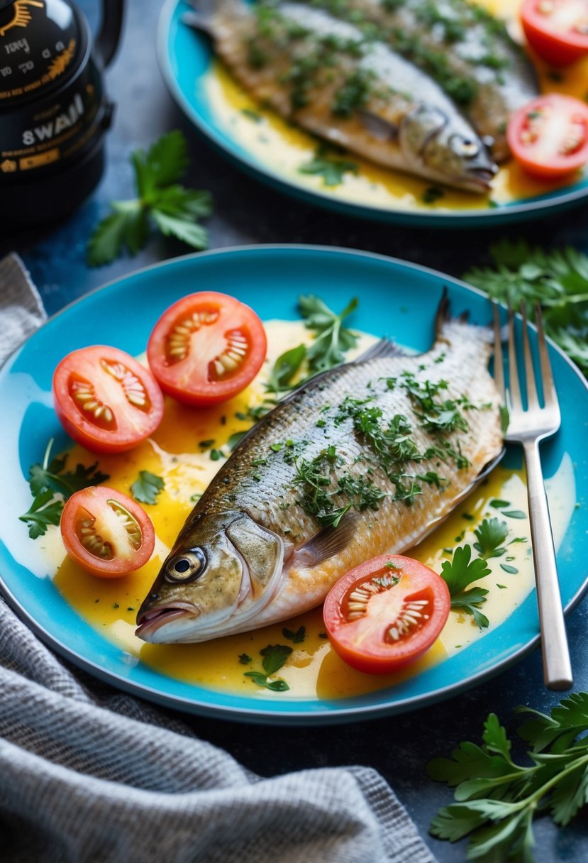 A colorful plate of herbed swai fish with sliced tomatoes and fresh herbs