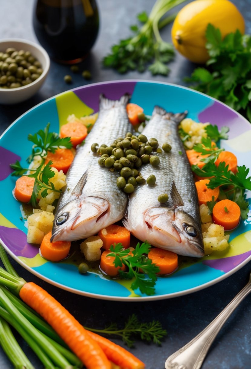 A colorful plate of swai fish fillets topped with capers and ginger, surrounded by vibrant vegetables and herbs